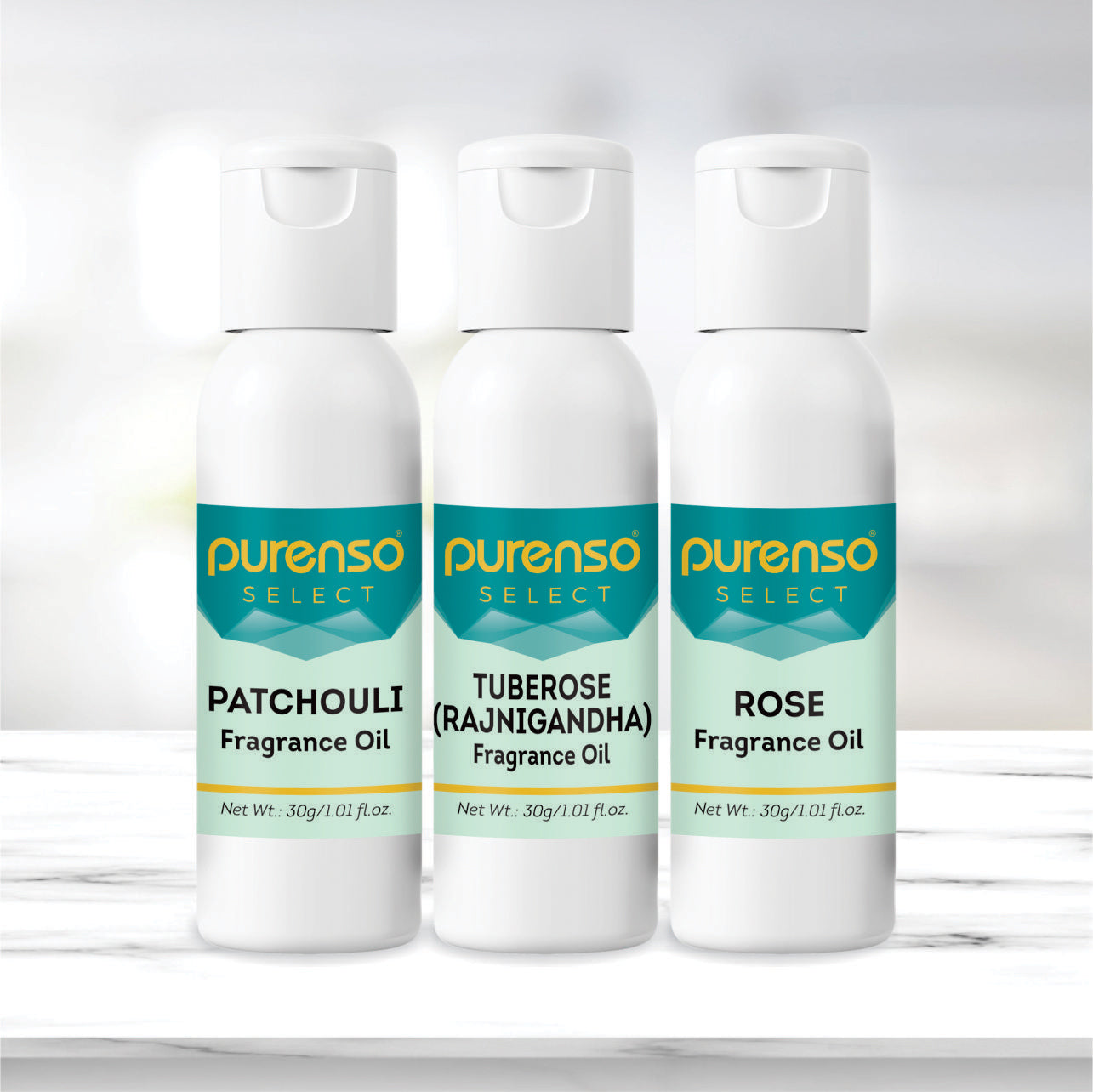 Buy Online Fragrance Oil Combo - Patchouli + Tuberose (Rajanigandha) + Rose (30g x 3 Bottles) in India - Purenso Select
