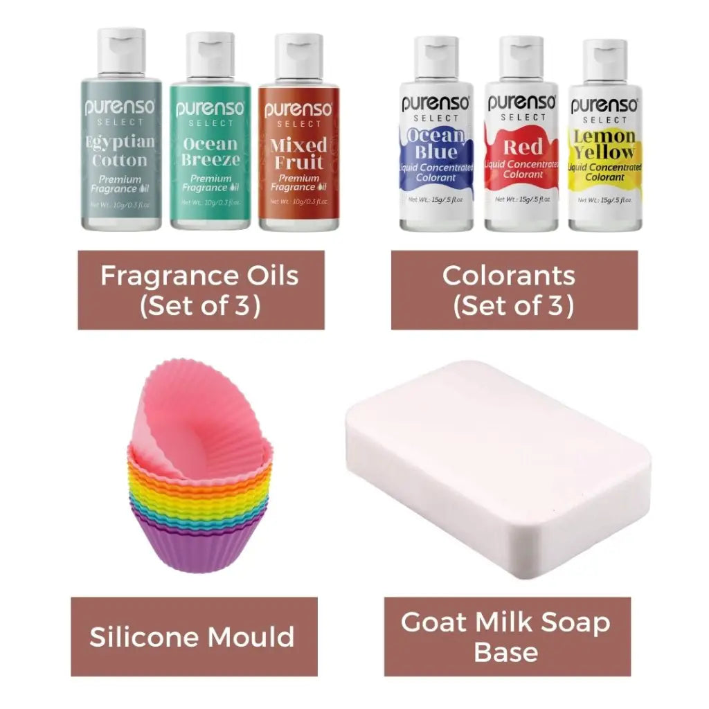 Soap Making Kit (500g Goatmilk Melt & Pour Soap Base, 3 Bottles of Colors, 3 Bottles of Fragrance, 1 Mould) - PurensoSelect