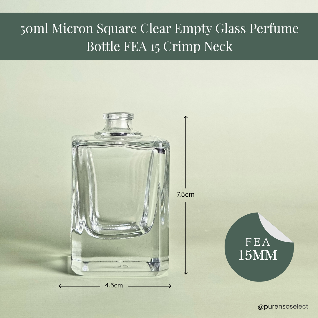 50ml Micron Square Clear Empty Glass Perfume Bottle FEA 15 Crimp Neck