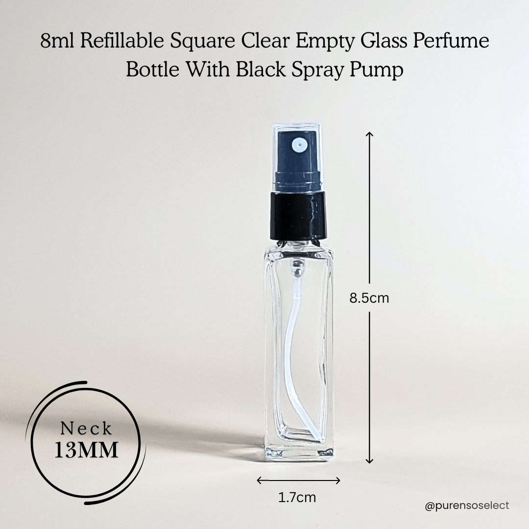 8ml Refillable Square Clear Empty Glass Perfume Bottle With Black Spray Pump