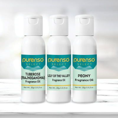 Buy Online Fragrance Oil Combo - Tuberose (Rajanigandha) + Lily of The Valley + Peony (30g x 3 Bottles) in India - Purenso Select