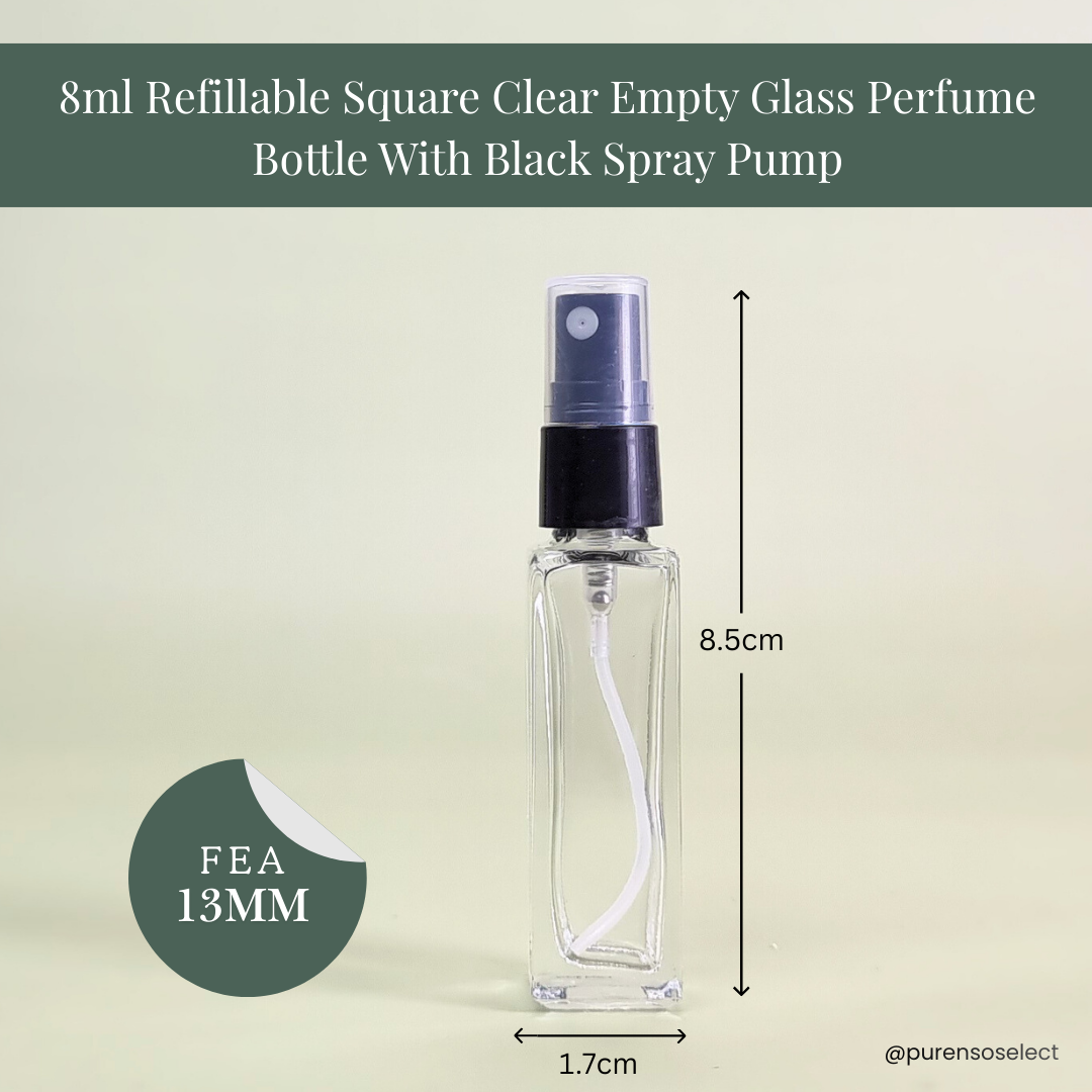 8ml Refillable Square Clear Empty Glass Perfume Bottle With Black Spray Pump