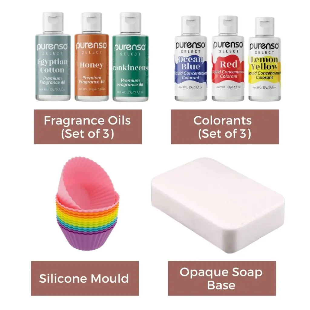 Soap Making Kit (500g Opaque Melt & Pour Soap Base, 3 Bottles of Colors, 3 Bottles of Fragrance, 1 Mould) - PurensoSelect